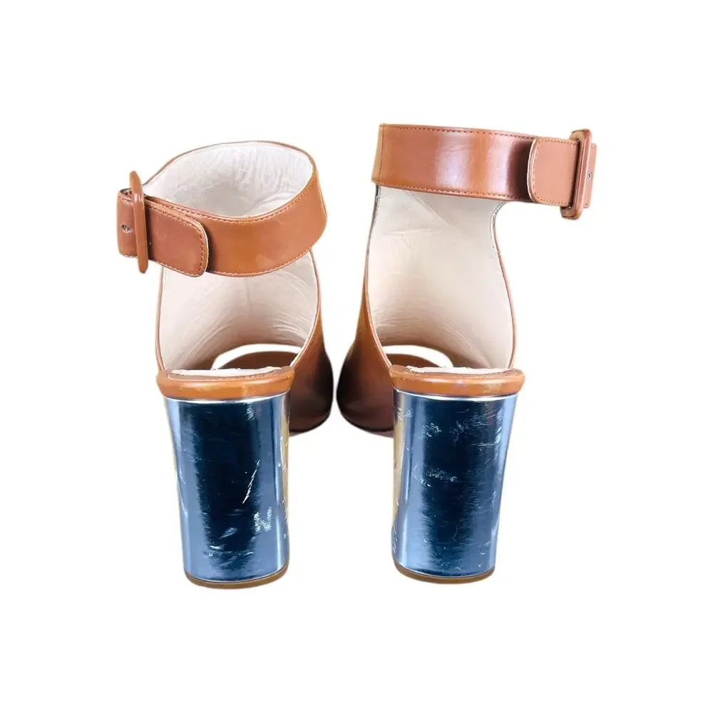 Prada Brown Leather Metallic Block Heel Ankle Strap Sandals 40
